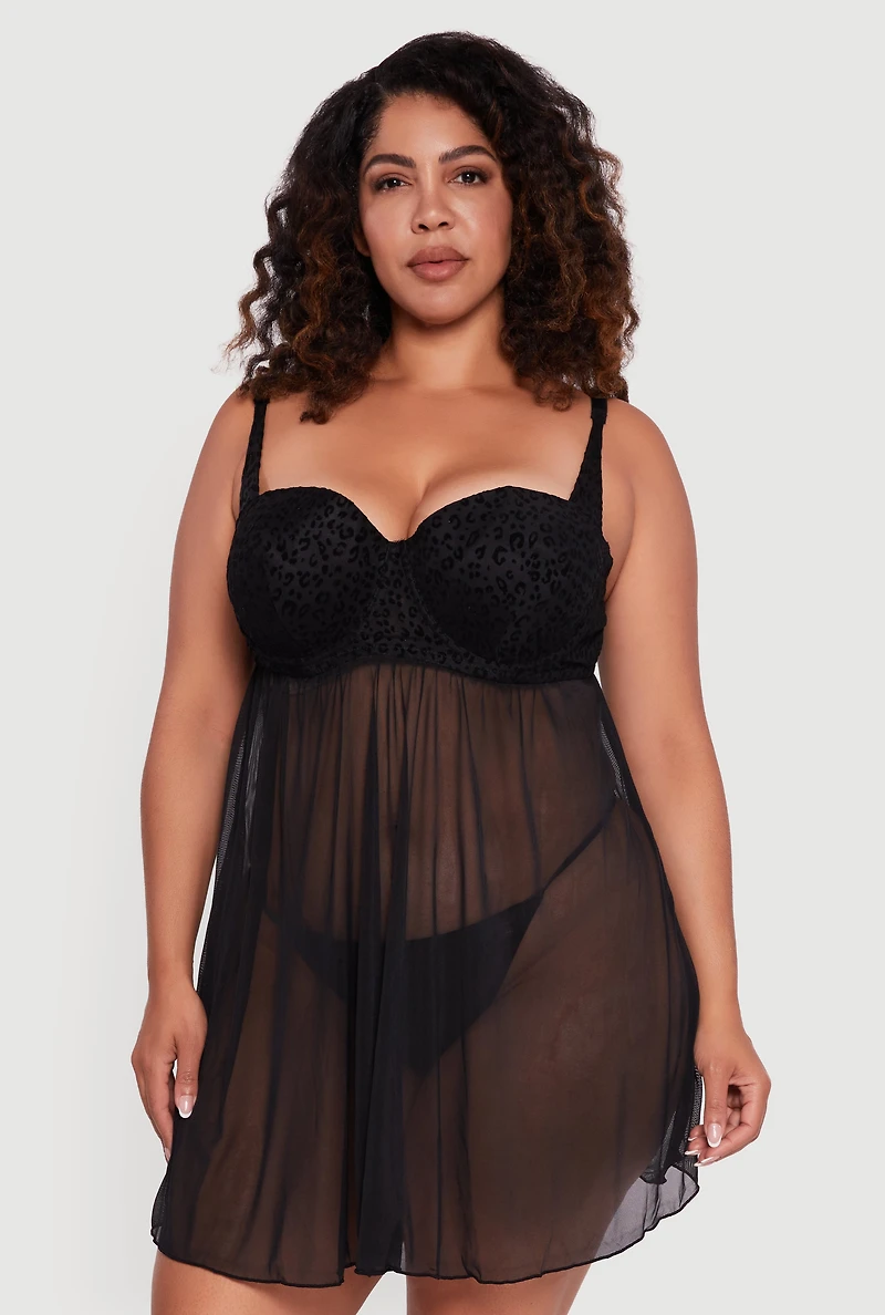 Plus Velvet Burnout Leopard Print Padded Bra Babydoll and G String