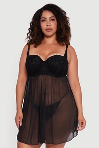 Plus Velvet Burnout Leopard Print Padded Bra Babydoll and G String