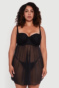 Plus Velvet Burnout Leopard Print Padded Bra Babydoll and G String