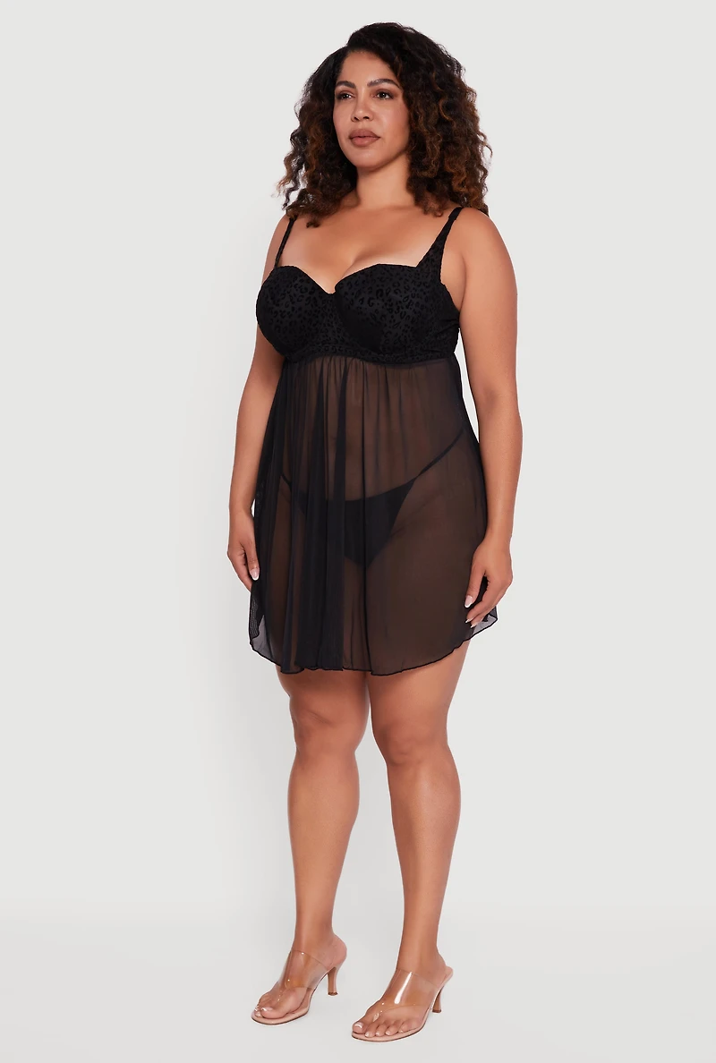 Plus Velvet Burnout Leopard Print Padded Bra Babydoll and G String