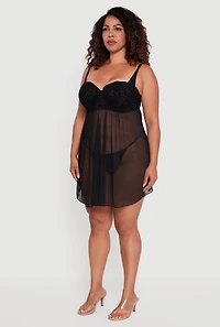 Plus Velvet Burnout Leopard Print Padded Bra Babydoll and G String