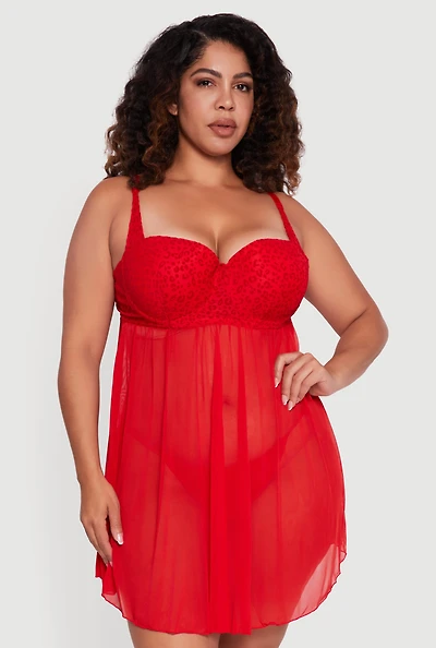 Womens Plus Size Velvet Burnout Leopard Print Padded Bra Babydoll and G String, Red, Size 1X