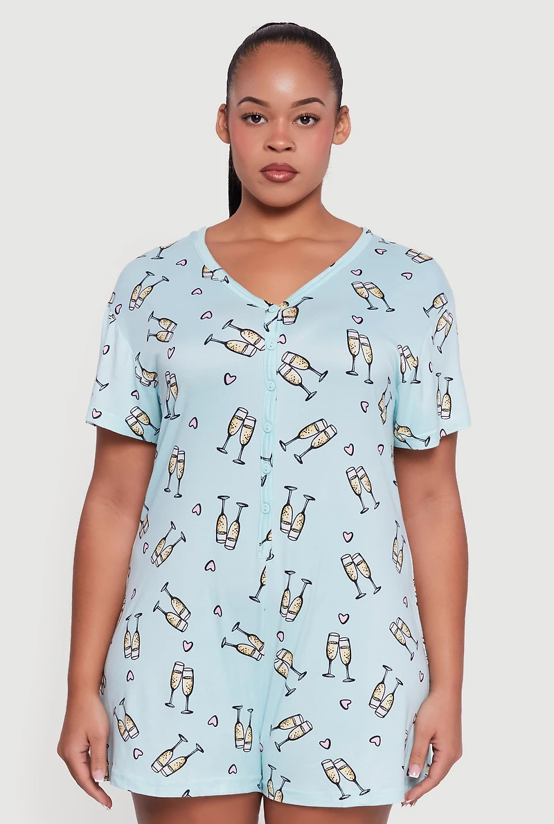 Plus Champagne Problems Print Pajama Romper