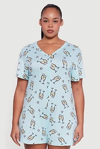 Plus Champagne Problems Print Pajama Romper