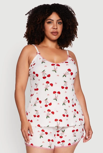 Womens Plus Size Heart Cherry Print Pajama Cami and Shorts Set, White, Size 1X