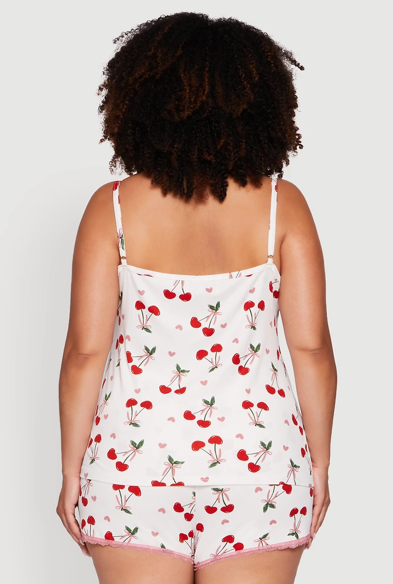 Plus Heart Cherry Print Pajama Cami and Shorts Set
