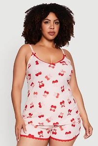 Womens Plus Size Strawberry Cherry Pajama Cami and Shorts Set, Pink, Size 1X
