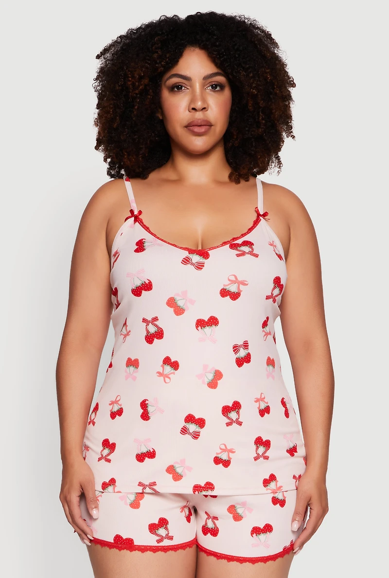 Womens Plus Size Strawberry Cherry Pajama Cami and Shorts Set, Pink, Size 1X