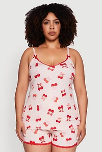Womens Plus Size Strawberry Cherry Pajama Cami and Shorts Set, Pink, Size 1X