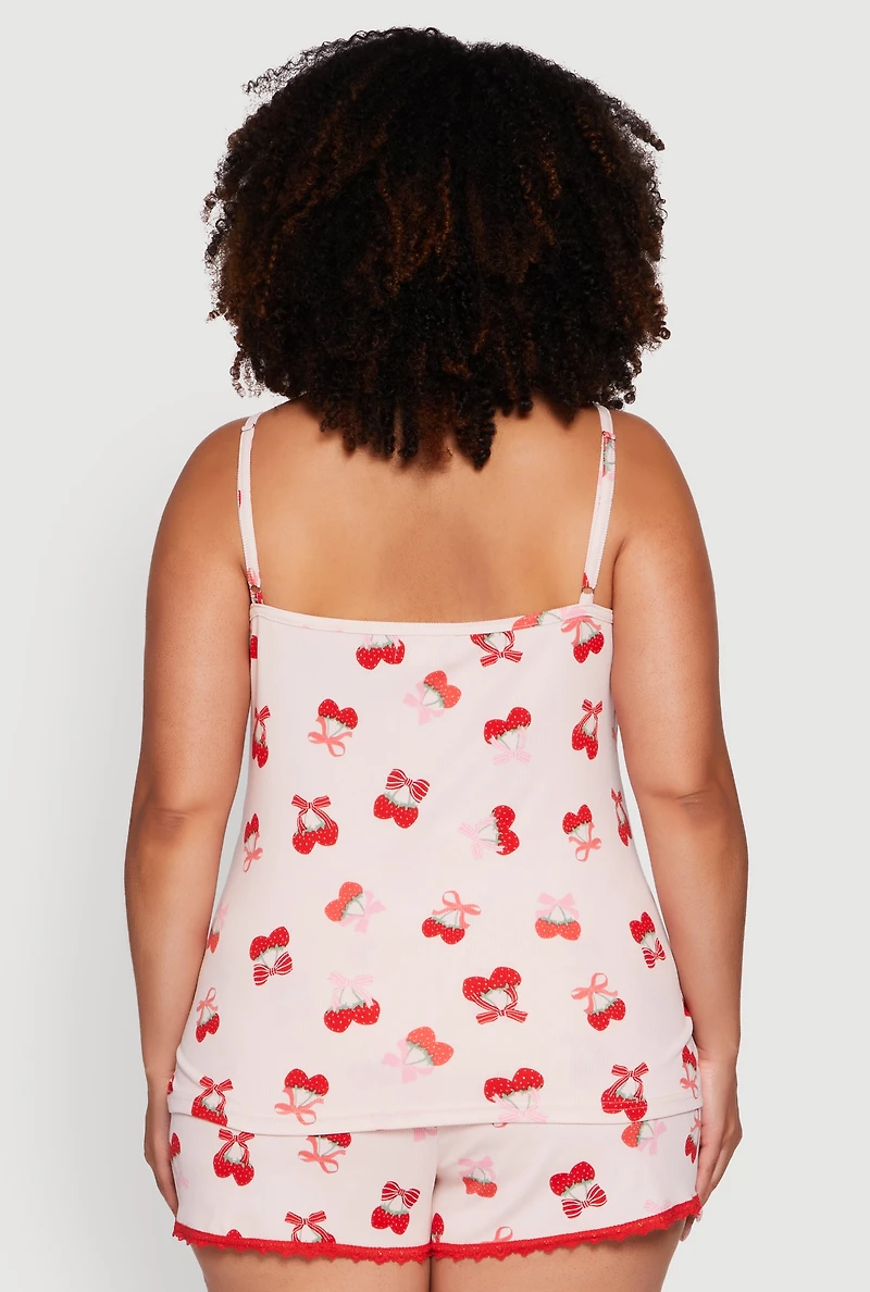 Womens Plus Size Strawberry Cherry Pajama Cami and Shorts Set, Pink, Size 1X