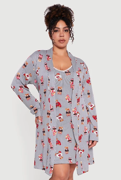 Plus Striped Bear Cami Nightgown with Robe