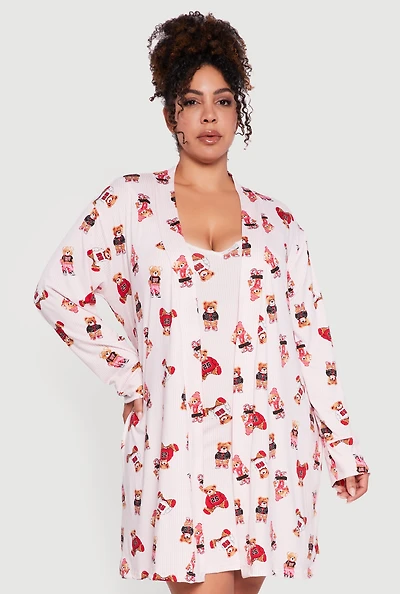 Plus Striped Bear Cami Nightgown with Robe