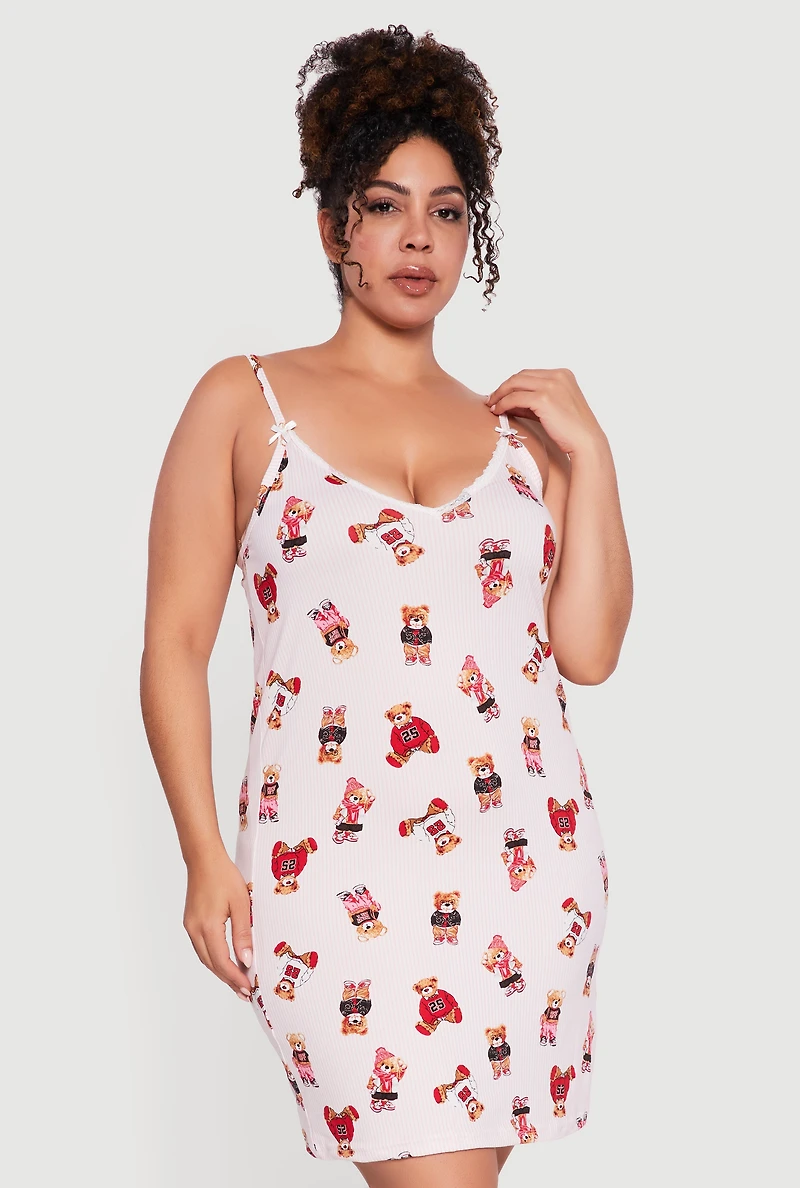 Plus Striped Bear Cami Nightgown with Robe