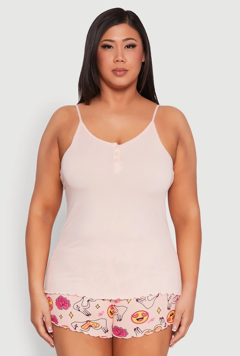 Womens Plus Size Pajama Cami and Printed Shorts Set, Pink, Size 3X