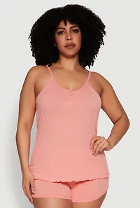 Womens Plus Size Henley Pajama Cami and Champagne Shorts 3 Pack, Multi, Size 2X