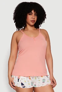 Womens Plus Size Henley Pajama Cami and Champagne Shorts 3 Pack, Multi, Size 2X