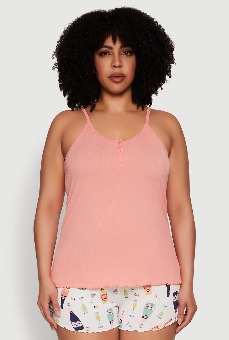 Womens Plus Size Henley Pajama Cami and Champagne Shorts 3 Pack, Multi, Size 3X