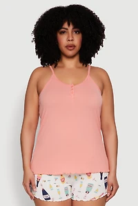 Womens Plus Size Henley Pajama Cami and Champagne Shorts 3 Pack, Multi, Size 3X