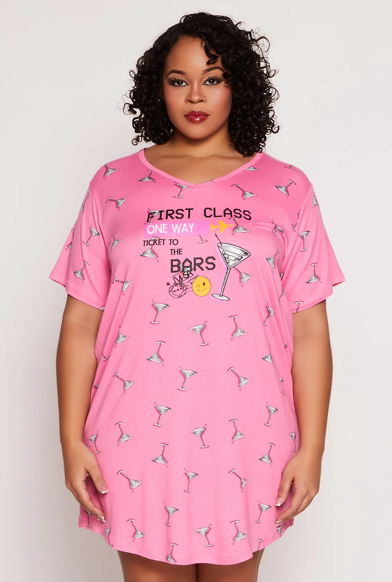 Womens Plus First Class Martini Graphic Sleepshirt, Pink,