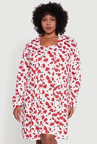 Plus Heart Cherry Print Robe and Cami Nightgown