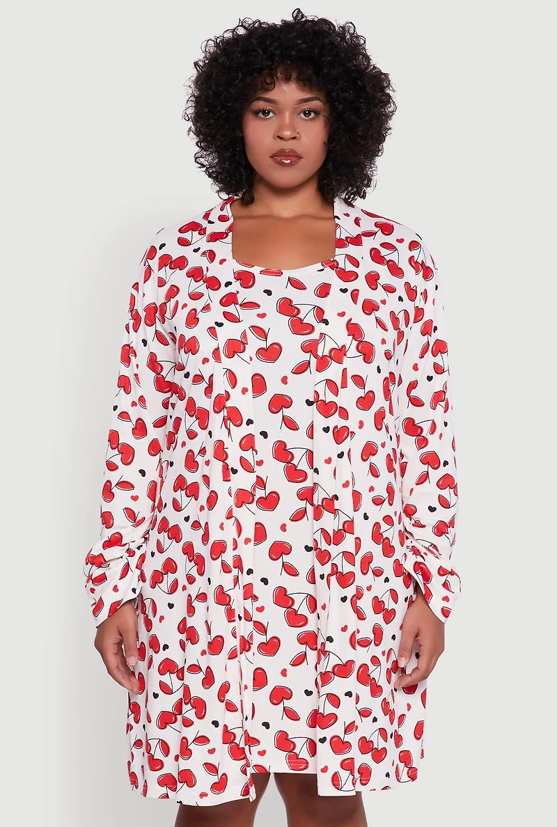 Plus Heart Cherry Print Robe and Cami Nightgown