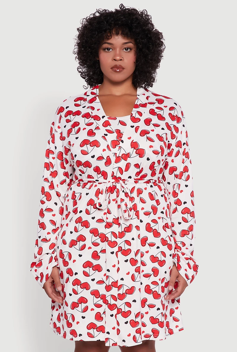 Womens Plus Heart Cherry Print Robe and Cami Nightgown,