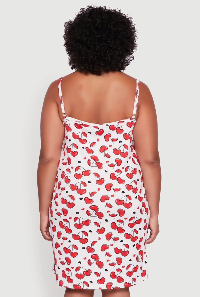 Plus Heart Cherry Print Robe and Cami Nightgown