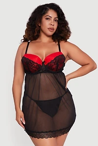 Plus Lace Detail Padded Bra Babydoll with G String