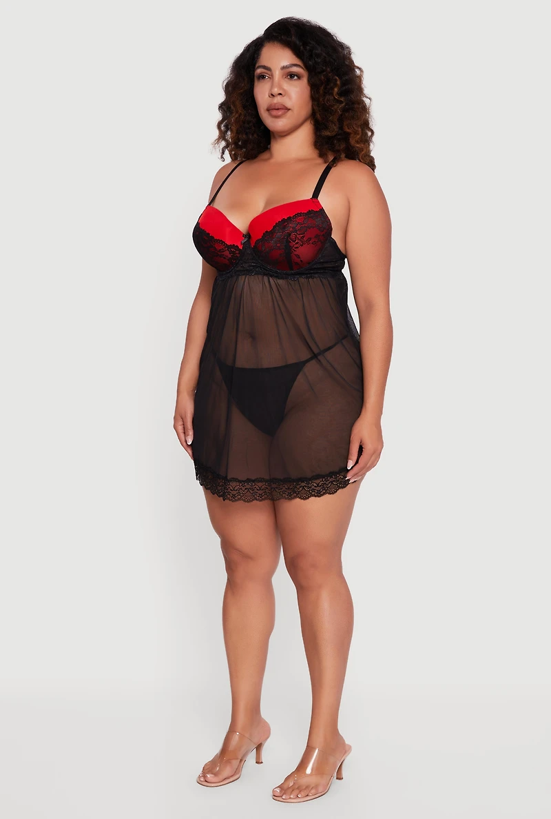 Plus Lace Detail Padded Bra Babydoll with G String