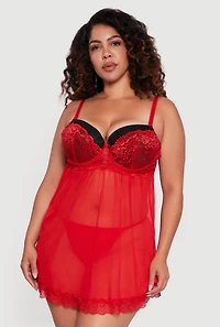Plus Lace Detail Padded Bra Babydoll with G String