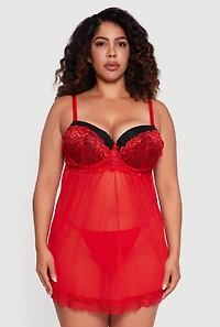 Plus Lace Detail Padded Bra Babydoll with G String