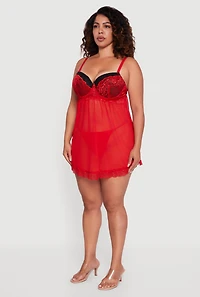 Plus Lace Detail Padded Bra Babydoll with G String