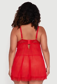 Plus Lace Detail Padded Bra Babydoll with G String