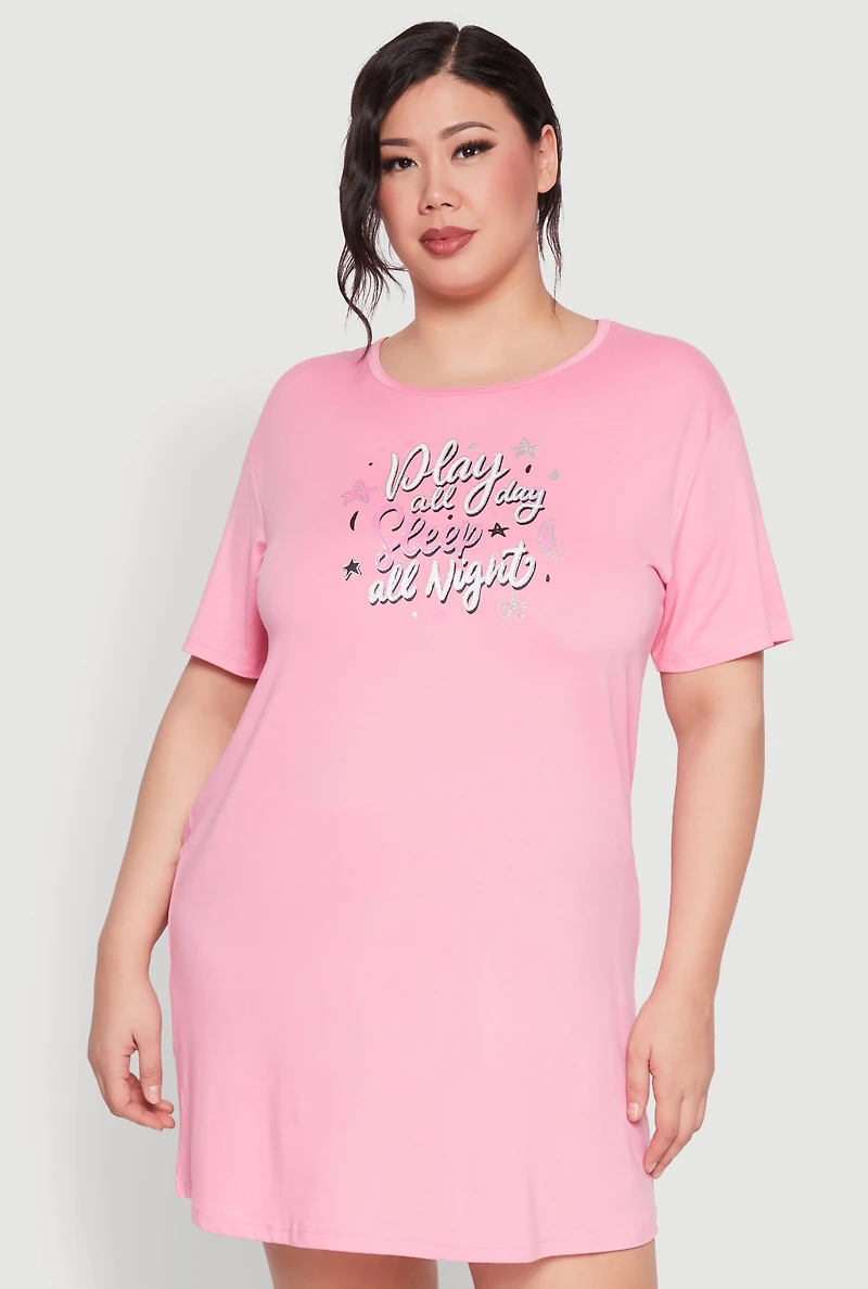 Womens Plus Size Play All Day Sleep All Night Nightgown, Pink, Size 1X