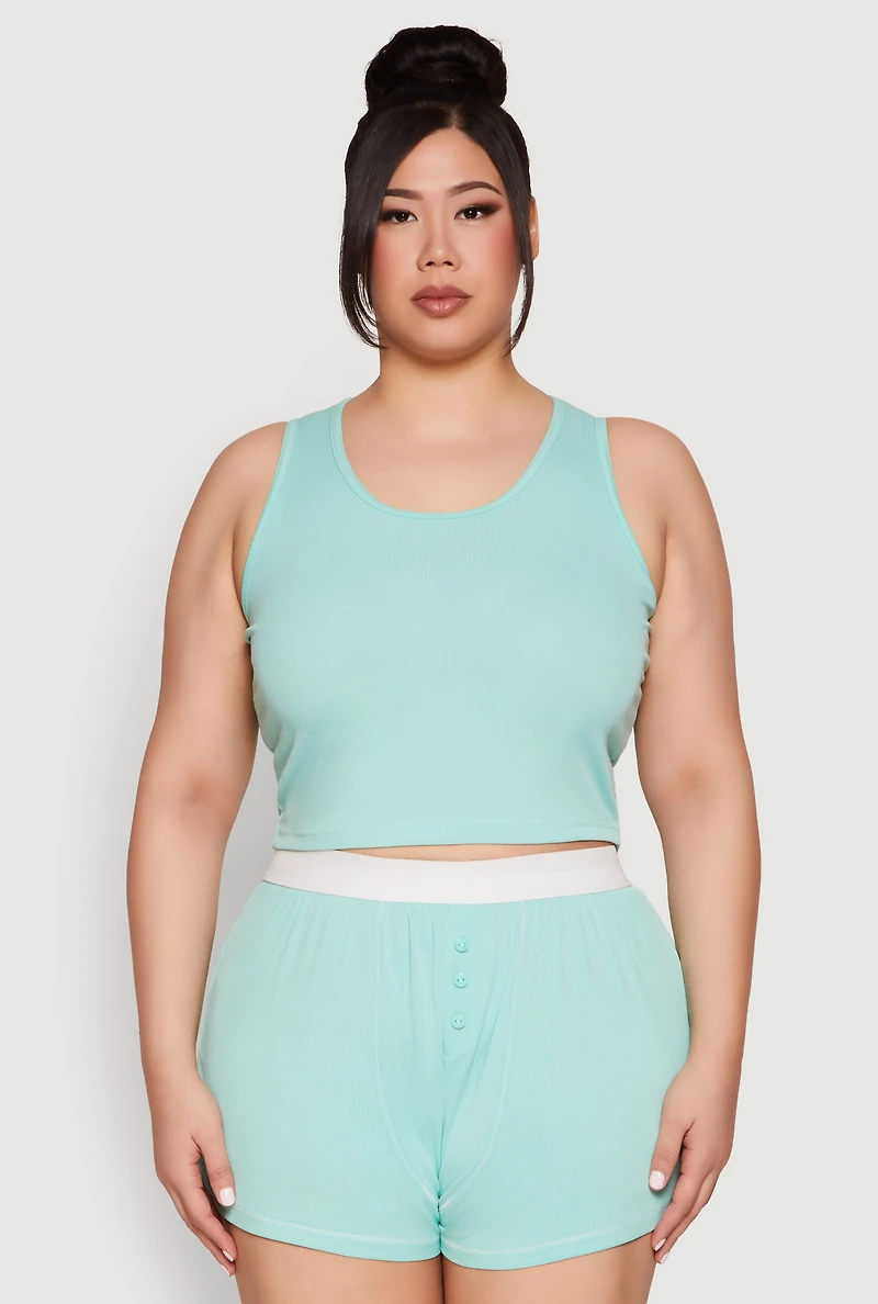 Womens Plus Cropped Tank Top and Boxer Briefs Pajama Set,