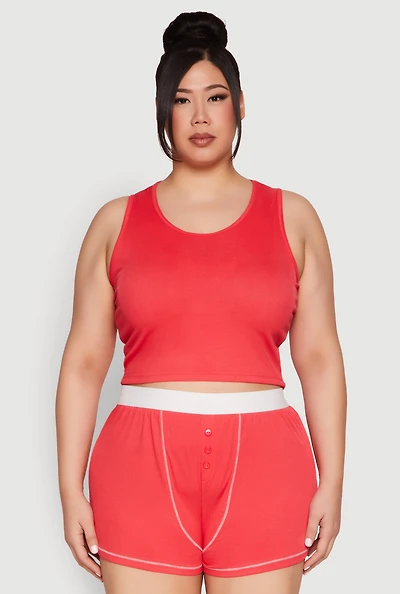 Womens Plus Size Cropped Tank Top and Boxer Briefs Pajama Set, Red, Size 2X