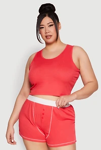 Womens Plus Size Cropped Tank Top and Boxer Briefs Pajama Set, Red, Size 2X