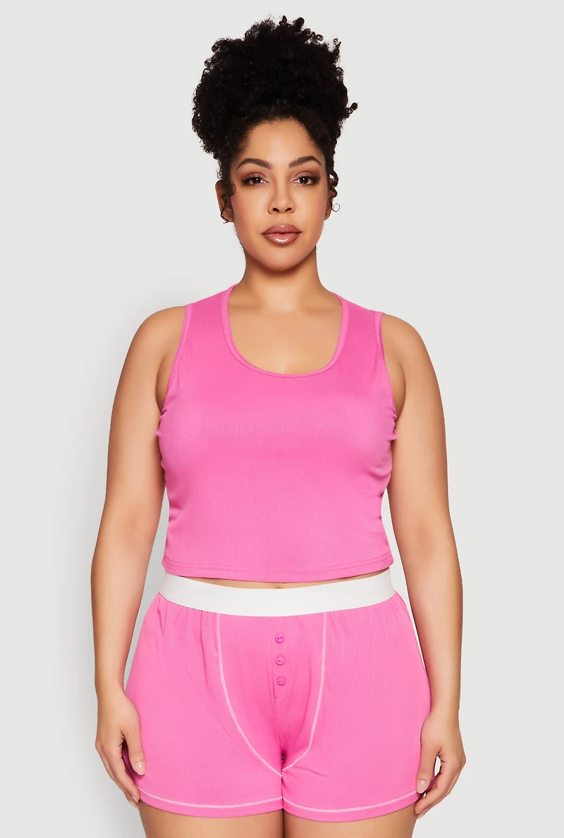 Plus Cropped Tank Top and Boxer Briefs Pajama Set