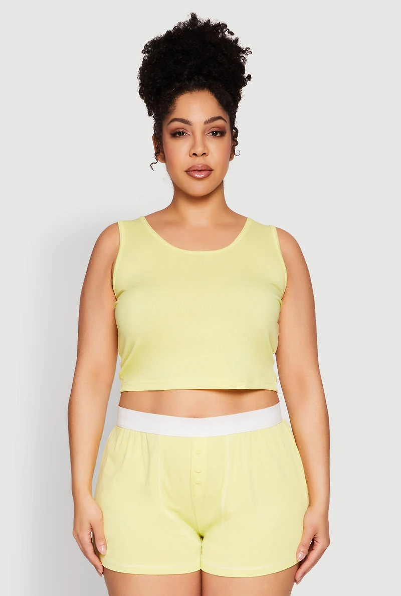 Plus Cropped Tank Top and Boxer Briefs Pajama Set