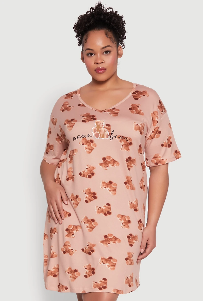 Womens Plus Size Mama Bear Graphic Sleepshirt, Brown, Size 2X
