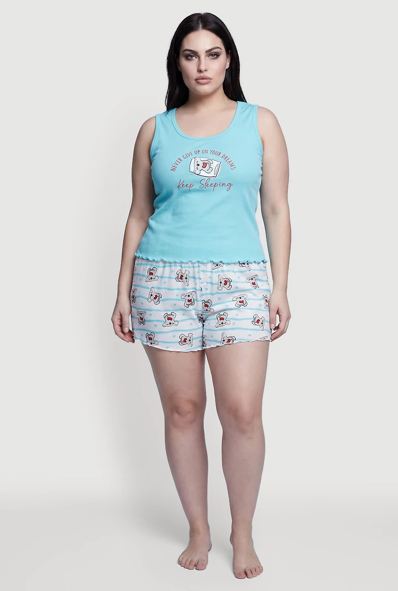 Plus Koala Graphic Print Pajama Tank Top and Shorts