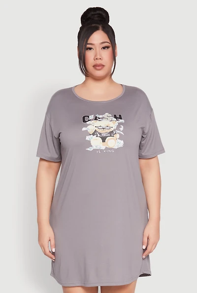 Womens Plus Size Cash Bear Graphic Sleepshirt, Grey, Size 1X