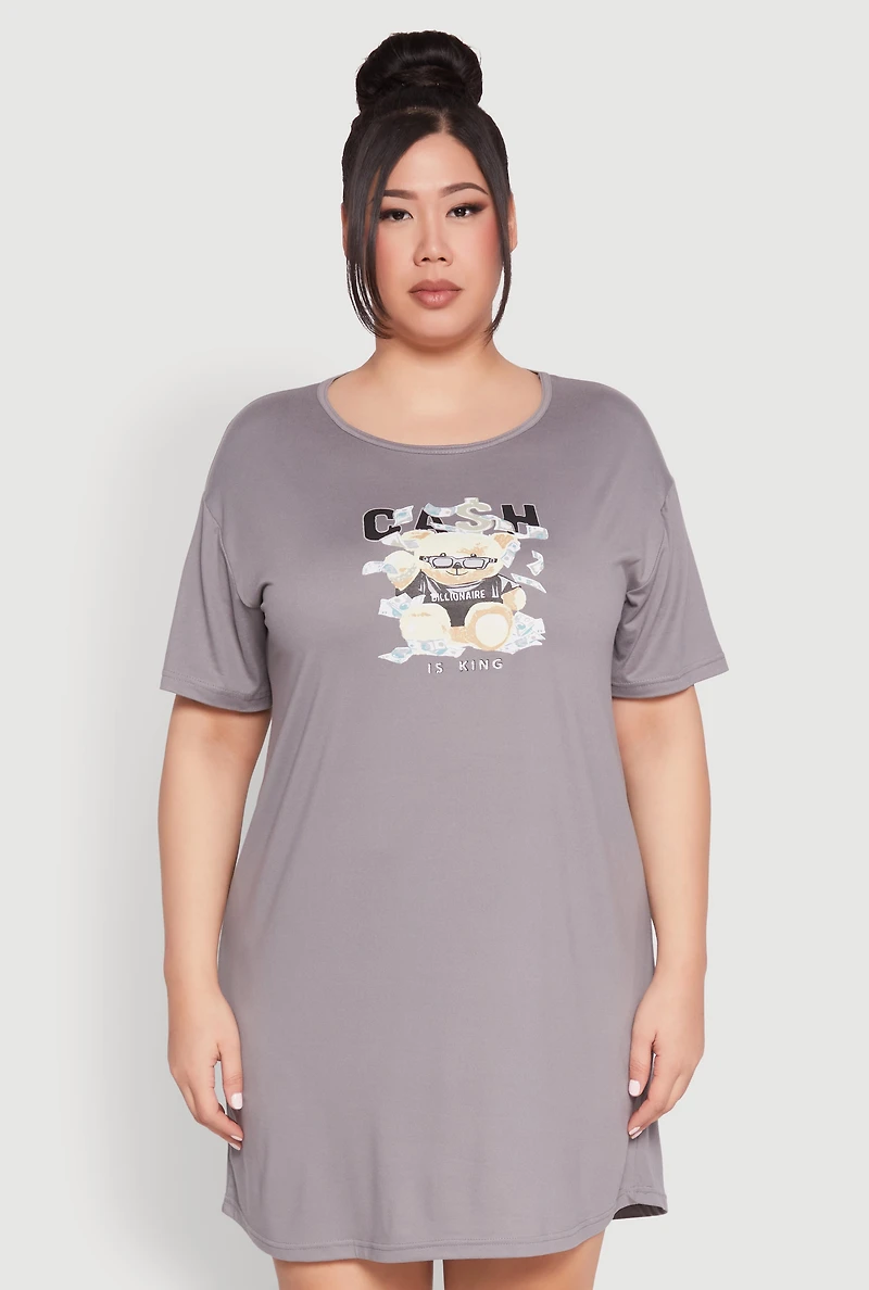 Womens Plus Cash Bear Graphic Sleepshirt, Grey,