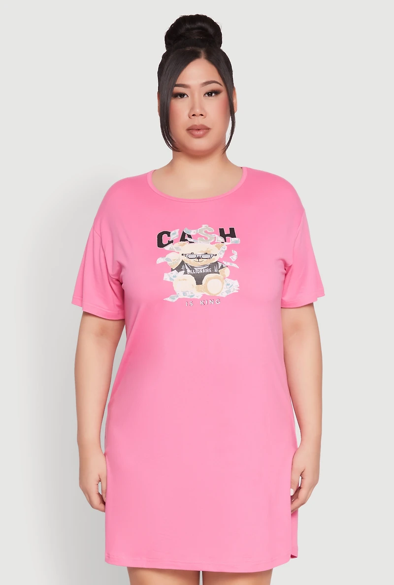 Womens Plus Size Cash Bear Graphic Sleepshirt, Pink, Size 2X
