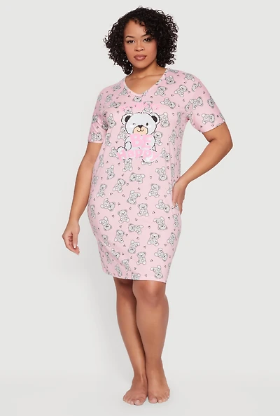 Plus Be Happy Teddy Bear Print Sleepshirt