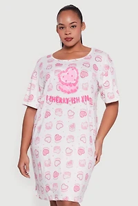 Plus Cherry Cake Patterned Scoop Neck Sleep Shirt