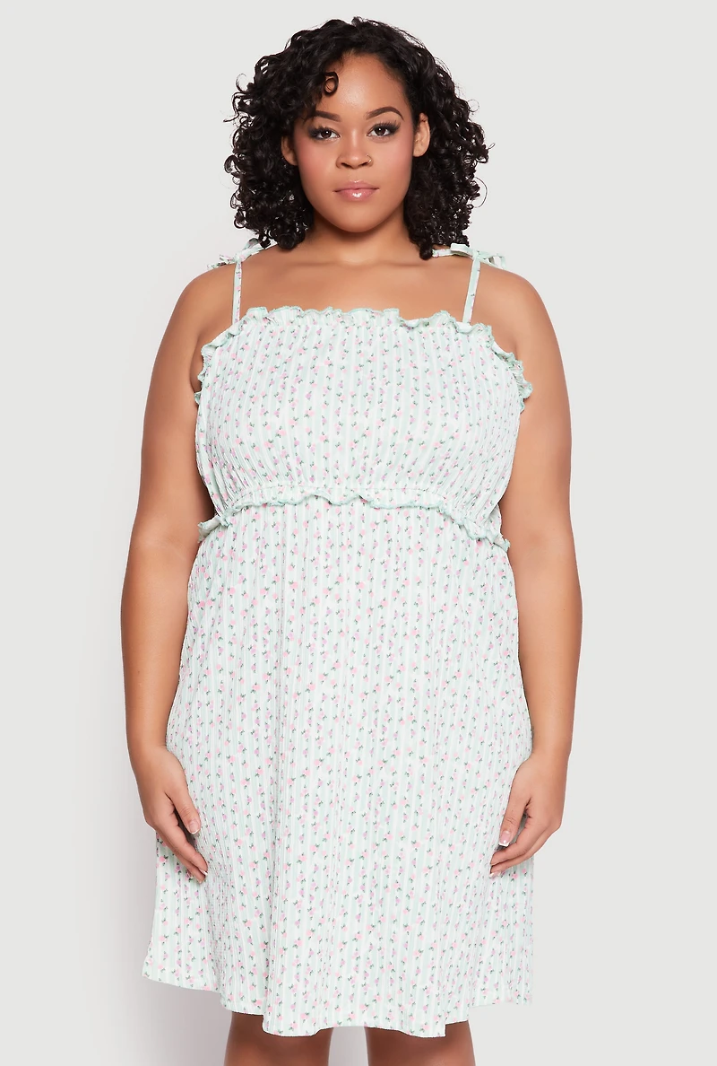 Womens Plus Ditsy Floral Tie Shoulder Sleep Dress, Green,