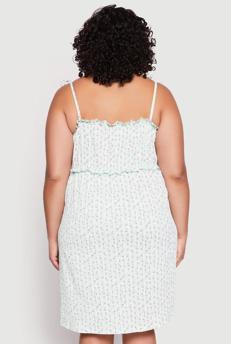 Womens Plus Ditsy Floral Tie Shoulder Sleep Dress, Green,