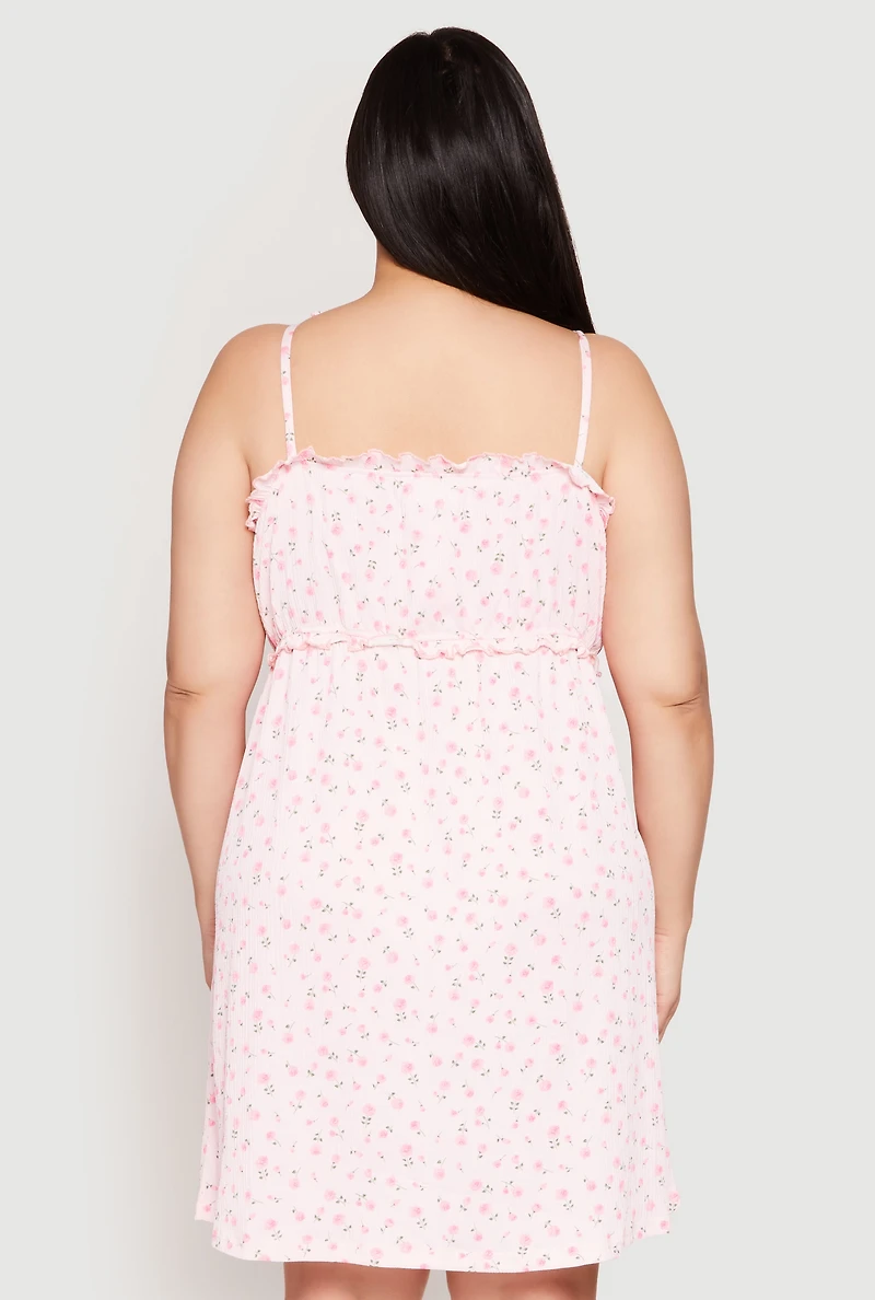 Womens Plus Size Ditsy Floral Tie Shoulder Sleep Dress, Pink, Size 2X
