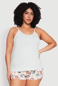 Womens Plus Size Pajama Cami and Shorts 3 Piece Set, Green, Size 3X